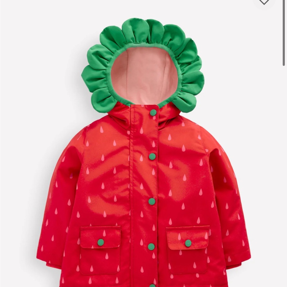 Kids Strawberry Red Raincoat with Green Ruffle Hood